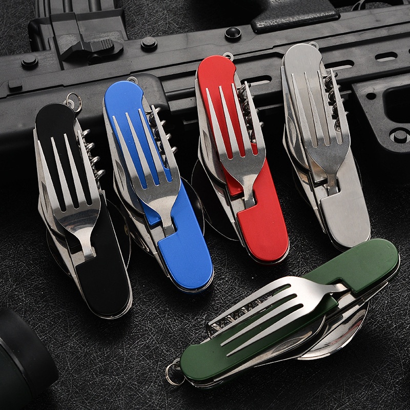 Outdoor Camping World - Stoviglie pieghevoli 4 in 1 Utensili